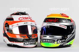 (L to R): The helmets of Nico Hulkenberg (GER) Sahara Force India F1 and Sergio Perez (MEX) Sahara Force India F1. 21.01.2015.  Force India F1 Team Livery Reveal, Soumaya Museum, Mexico City, Mexico.
