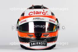 The helmet of Nico Hulkenberg (GER) Sahara Force India F1. 21.01.2015.  Force India F1 Team Livery Reveal, Soumaya Museum, Mexico City, Mexico.