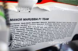 Team personnel involved with the running of Manor Marussia F1 Team listed on the side of the car. 03.07.2015. Formula 1 World Championship, Rd 9, British Grand Prix, Silverstone, England, Practice Day.