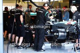 The Mercedes AMG F1 W06 of Nico Rosberg (GER) Mercedes AMG F1 worked on in the pits. 03.07.2015. Formula 1 World Championship, Rd 9, British Grand Prix, Silverstone, England, Practice Day.