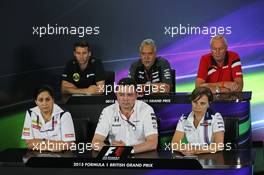 The FIA Press Conference (from back row (L to R)): Matthew Carter (GBR) Lotus F1 Team CEO; Dr. Vijay Mallya (IND) Sahara Force India F1 Team Owner; John Booth (GBR) Manor Marussia F1 Team Team Principal; Monisha Kaltenborn (AUT) Sauber Team Principal; Eric Boullier (FRA) McLaren Racing Director; Claire Williams (GBR) Williams Deputy Team Principal.  03.07.2015. Formula 1 World Championship, Rd 9, British Grand Prix, Silverstone, England, Practice Day.