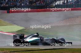 Lewis Hamilton (GBR) Mercedes AMG F1 W06 spins in the first practice session. 03.07.2015. Formula 1 World Championship, Rd 9, British Grand Prix, Silverstone, England, Practice Day.