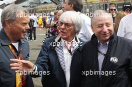 (L to R): Sir Martin Sorrell (GBR) WPP CEO with Bernie Ecclestone (GBR) and Jean Todt (FRA) FIA President. 05.07.2015. Formula 1 World Championship, Rd 9, British Grand Prix, Silverstone, England, Race Day.