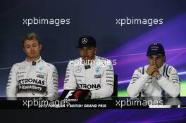 The post qualifying FIA Press Conference (L to R): Nico Rosberg (GER) Mercedes AMG F1, second; Lewis Hamilton (GBR) Mercedes AMG F1, pole position; Felipe Massa (BRA) Williams, third. 04.07.2015. Formula 1 World Championship, Rd 9, British Grand Prix, Silverstone, England, Qualifying Day.