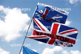 Lewis Hamilton (GBR) Mercedes AMG F1 flags. 04.07.2015. Formula 1 World Championship, Rd 9, British Grand Prix, Silverstone, England, Qualifying Day.