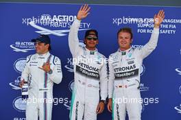 Qualifying top three in parc ferme (L to R): Felipe Massa (BRA) Williams, third; Lewis Hamilton (GBR) Mercedes AMG F1, pole position; Nico Rosberg (GER) Mercedes AMG F1, second. 04.07.2015. Formula 1 World Championship, Rd 9, British Grand Prix, Silverstone, England, Qualifying Day.