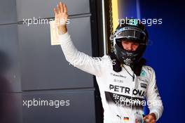 Nico Rosberg (GER) Mercedes AMG F1 celebrates his second position in qualifying parc ferme. 04.07.2015. Formula 1 World Championship, Rd 9, British Grand Prix, Silverstone, England, Qualifying Day.