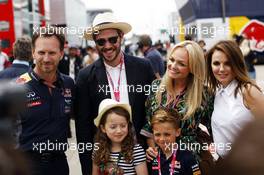 (L to R): Christian Horner (GBR) Red Bull Racing Team Principal with Will Young (GBR) Singer; Emma Bunton (GBR) Singer; and Geri Halliwell (GBR) Singer. 05.07.2015. Formula 1 World Championship, Rd 9, British Grand Prix, Silverstone, England, Race Day.