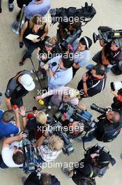 Nico Hulkenberg (GER) Sahara Force India F1 with the media. 02.07.2015. Formula 1 World Championship, Rd 9, British Grand Prix, Silverstone, England, Preparation Day.