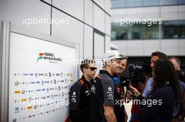 Nico Hulkenberg (GER) Sahara Force India F1 with the media. 02.07.2015. Formula 1 World Championship, Rd 9, British Grand Prix, Silverstone, England, Preparation Day.