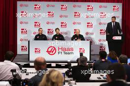 (L to R): Guenther Steiner (ITA) Haas F1 Team Prinicipal with Romain Grosjean (FRA); Gene Haas (USA) Haas Automotion President; and Mike Arning (USA) True Speed Communication. 29.09.2015. Haas F1 Team Driver Announcement, Kannapolis, North Carolina, USA.