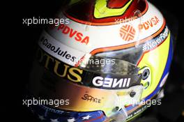 The helmet of Pastor Maldonado (VEN) Lotus F1 Team carries a tribute to Jules Bianchi. 24.07.2015. Formula 1 World Championship, Rd 10, Hungarian Grand Prix, Budapest, Hungary, Practice Day.