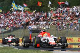 Roberto Merhi (ESP) Manor Marussia F1 Team with a loose headrest. 26.07.2015. Formula 1 World Championship, Rd 10, Hungarian Grand Prix, Budapest, Hungary, Race Day.