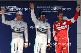Pole position for Lewis Hamilton (GBR) Mercedes AMG F1, 2nd forNico Rosberg (GER) Mercedes AMG F1 and 3rd for Sebastian Vettel (GER) Ferrari SF15-T. 25.07.2015. Formula 1 World Championship, Rd 10, Hungarian Grand Prix, Budapest, Hungary, Qualifying Day.