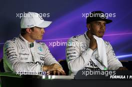 (L to R): Nico Rosberg (GER) Mercedes AMG F1 and Lewis Hamilton (GBR) Mercedes AMG F1 in the FIA Press Conference. 25.07.2015. Formula 1 World Championship, Rd 10, Hungarian Grand Prix, Budapest, Hungary, Qualifying Day.