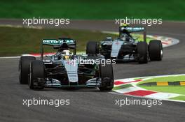 Lewis Hamilton (GBR) Mercedes AMG F1 W06 leads team mate Nico Rosberg (GER) Mercedes AMG F1 W06. 04.09.2015. Formula 1 World Championship, Rd 12, Italian Grand Prix, Monza, Italy, Practice Day.
