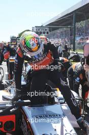 Sergio Perez (MEX) Sahara Force India F1 VJM08 on the grid. 06.09.2015. Formula 1 World Championship, Rd 12, Italian Grand Prix, Monza, Italy, Race Day.