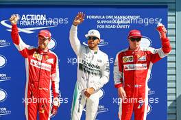 Qualifying top three in parc ferme (L to R): Sebastian Vettel (GER) Ferrari, third; Lewis Hamilton (GBR) Mercedes AMG F1, pole position; Kimi Raikkonen (FIN) Ferrari, second. 05.09.2015. Formula 1 World Championship, Rd 12, Italian Grand Prix, Monza, Italy, Qualifying Day.