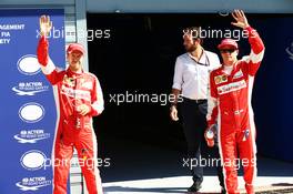 (L to R): third placed Sebastian Vettel (GER) Ferrari celebrates in parc ferme with second placed team mate Kimi Raikkonen (FIN) Ferrari. 05.09.2015. Formula 1 World Championship, Rd 12, Italian Grand Prix, Monza, Italy, Qualifying Day.