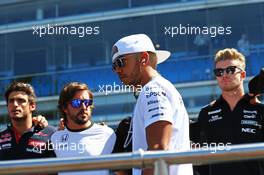 Lewis Hamilton (GBR) Mercedes AMG F1 on the drivers parade on the drivers parade. 06.09.2015. Formula 1 World Championship, Rd 12, Italian Grand Prix, Monza, Italy, Race Day.