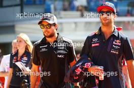 (L to R): Sergio Perez (MEX) Sahara Force India F1 with Daniel Ricciardo (AUS) Red Bull Racing on the drivers parade. 06.09.2015. Formula 1 World Championship, Rd 12, Italian Grand Prix, Monza, Italy, Race Day.