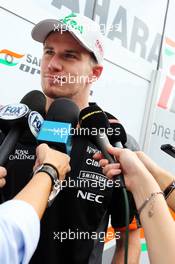 Nico Hulkenberg (GER) Sahara Force India F1 with the media. 03.09.2015. Formula 1 World Championship, Rd 12, Italian Grand Prix, Monza, Italy, Preparation Day.