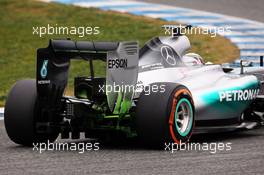 Lewis Hamilton (GBR) Mercedes AMG F1 W06 running flow-vis paint on the rear wing. 02.02.2015. Formula One Testing, Day Two, Jerez, Spain.