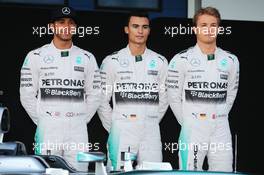 (L to R): Lewis Hamilton (GBR) Mercedes AMG F1 with Pascal Wehrlein (GER) Mercedes AMG F1 Reserve Driver and Nico Rosberg (GER) Mercedes AMG F1. 01.02.2015. Formula One Testing, Day One, Jerez, Spain.