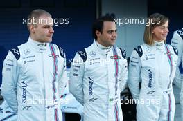 (L to R): Valtteri Bottas (FIN) Williams with Felipe Massa (BRA) Williams and Susie Wolff (GBR) Williams Development Driver. 01.02.2015. Formula One Testing, Day One, Jerez, Spain.