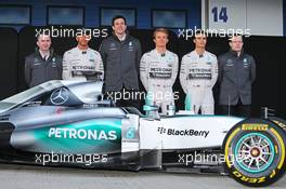 The Mercedes AMG F1 W06 is unveiled (L to R): Paddy Lowe (GBR) Mercedes AMG F1 Executive Director (Technical); Lewis Hamilton (GBR) Mercedes AMG F1; Toto Wolff (GER) Mercedes AMG F1 Shareholder and Executive Director; Nico Rosberg (GER) Mercedes AMG F1; Pascal Wehrlein (GER) Mercedes AMG F1 Reserve Driver; Andy Cowell (GBR) Mercedes-Benz High Performance Powertrains Managing Director. 01.02.2015. Formula One Testing, Day One, Jerez, Spain.