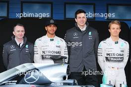 (L to R): Paddy Lowe (GBR) Mercedes AMG F1 Executive Director (Technical) with Lewis Hamilton (GBR) Mercedes AMG F1; Toto Wolff (GER) Mercedes AMG F1 Shareholder and Executive Director; and Nico Rosberg (GER) Mercedes AMG F1. 01.02.2015. Formula One Testing, Day One, Jerez, Spain.