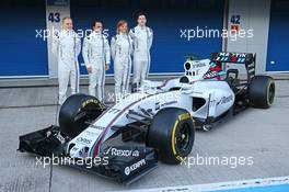 The Williams FW37 is unveiled (L to R): Valtteri Bottas (FIN) Williams; Felipe Massa (BRA) Williams; Susie Wolff (GBR) Williams Development Driver; Alex Lynn (GBR) Williams Development Driver. 01.02.2015. Formula One Testing, Day One, Jerez, Spain.
