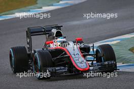 Fernando Alonso (ESP) McLaren MP4-30 running sensor equipment on the nosecone. 03.02.2015. Formula One Testing, Day Three, Jerez, Spain.