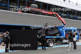 The Mercedes AMG F1 W06 of Nico Rosberg (GER) Mercedes AMG F1 is recovered back to the pits on the back of a truck. 03.02.2015. Formula One Testing, Day Three, Jerez, Spain.