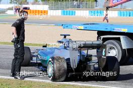 The Mercedes AMG F1 W06 of Lewis Hamilton (GBR) Mercedes AMG F1 is recovered back to the pits on the back of a truck. 04.02.2015. Formula One Testing, Day Four, Jerez, Spain.