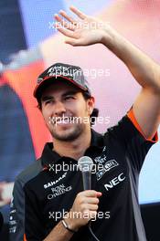 Sergio Perez (MEX) Sahara Force India F1 on the fans' stage. 26.09.2015. Formula 1 World Championship, Rd 14, Japanese Grand Prix, Suzuka, Japan, Qualifying Day.