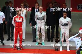1st place Nico Rosberg (GER) Mercedes AMG F1 W06, 2nd place Sebastian Vettel (GER) Ferrari and 3rd place Lewis Hamilton (GBR) Mercedes AMG F1. 24.05.2015. Formula 1 World Championship, Rd 6, Monaco Grand Prix, Monte Carlo, Monaco, Race Day.