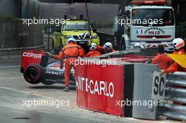The Red Bull Racing RB11 of Max Verstappen (NLD) Scuderia Toro Rosso is craned away after he crashed out of the race. 24.05.2015. Formula 1 World Championship, Rd 6, Monaco Grand Prix, Monte Carlo, Monaco, Race Day.