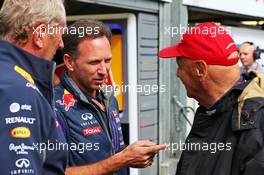 (L to R): Dr Helmut Marko (AUT) Red Bull Motorsport Consultant with Christian Horner (GBR) Red Bull Racing Team Principal and Niki Lauda (AUT) Mercedes Non-Executive Chairman. 21.05.2015. Formula 1 World Championship, Rd 6, Monaco Grand Prix, Monte Carlo, Monaco, Practice Day.