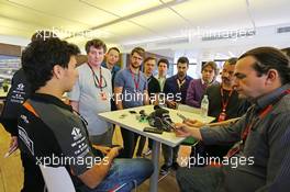Sergio Perez (MEX) Sahara Force India F1 with the media. 20.05.2015. Formula 1 World Championship, Rd 6, Monaco Grand Prix, Monte Carlo, Monaco, Preparation Day.