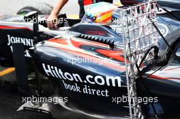 Fernando Alonso (ESP) McLaren MP4-30 running sensor equipment on the engine cover. 30.10.2015. Formula 1 World Championship, Rd 17, Mexican Grand Prix, Mexixo City, Mexico, Practice Day.