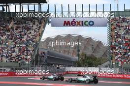 Nico Rosberg (GER) Mercedes AMG F1 W06 leads team mate Lewis Hamilton (GBR) Mercedes AMG F1 W06. 30.10.2015. Formula 1 World Championship, Rd 17, Mexican Grand Prix, Mexixo City, Mexico, Practice Day.