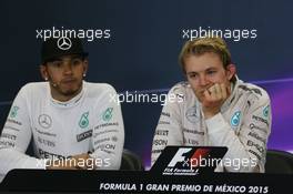 (L to R): Lewis Hamilton (GBR) Mercedes AMG F1 and race winner Nico Rosberg (GER) Mercedes AMG F1 in the post race FIA Press Conference. 01.11.2015. Formula 1 World Championship, Rd 17, Mexican Grand Prix, Mexixo City, Mexico, Race Day.