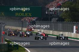 Nico Rosberg (GER) Mercedes AMG F1 W06 leads team mate Lewis Hamilton (GBR) Mercedes AMG F1 W06 at the start of the race. 01.11.2015. Formula 1 World Championship, Rd 17, Mexican Grand Prix, Mexixo City, Mexico, Race Day.