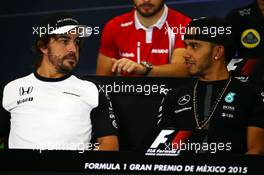 (L to R): Fernando Alonso (ESP) McLaren with Lewis Hamilton (GBR) Mercedes AMG F1 in the FIA Press Conference. 29.10.2015. Formula 1 World Championship, Rd 17, Mexican Grand Prix, Mexixo City, Mexico, Preparation Day.