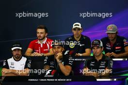 The FIA Press Conference (from back row (L to R)): Will Stevens (GBR) Manor Marussia F1 Team; Pastor Maldonado (VEN) Lotus F1 Team; Carlos Sainz Jr (ESP) Scuderia Toro Rosso; Fernando Alonso (ESP) McLaren; Lewis Hamilton (GBR) Mercedes AMG F1; Sergio Perez (MEX) Sahara Force India F1.  29.10.2015. Formula 1 World Championship, Rd 17, Mexican Grand Prix, Mexixo City, Mexico, Preparation Day.