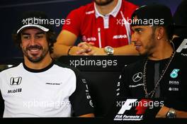 (L to R): Fernando Alonso (ESP) McLaren and Lewis Hamilton (GBR) Mercedes AMG F1 in the FIA Press Conference. 29.10.2015. Formula 1 World Championship, Rd 17, Mexican Grand Prix, Mexixo City, Mexico, Preparation Day.