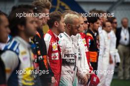 Lewis Hamilton (GBR) Mercedes AMG F1 as the grid observes the national anthem. 11.10.2015. Formula 1 World Championship, Rd 15, Russian Grand Prix, Sochi Autodrom, Sochi, Russia, Race Day.