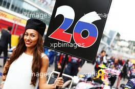 Grid girl for Daniil Kvyat (RUS) Red Bull Racing. 11.10.2015. Formula 1 World Championship, Rd 15, Russian Grand Prix, Sochi Autodrom, Sochi, Russia, Race Day.