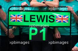 Pit board for race winner Lewis Hamilton (GBR) Mercedes AMG F1 at post race celebrations. 11.10.2015. Formula 1 World Championship, Rd 15, Russian Grand Prix, Sochi Autodrom, Sochi, Russia, Race Day.